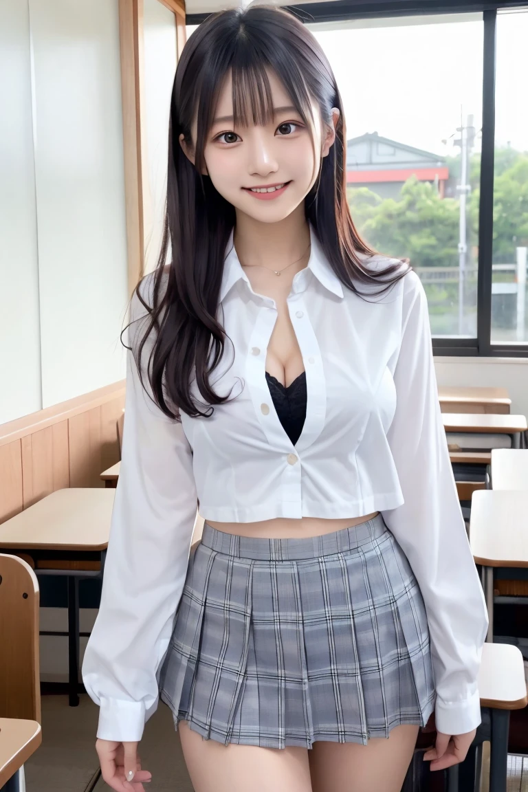 masterpiece、Highest quality photos、1 girl、A beautiful girl with her black hair up is staring at me...、Please smile just a little、Idol-level cuteness、Baby Face、I picked up the pleated skirt with both hands..、Show me your pants、thin、(Big Tits)、Healthy Thighs、((White blouse))、Navy Pleated Skirt、(White panties)、Black knee-high stockings、In the classroom、Knee-length、Cowboy Shot、Anatomically correct、Accurate Fingers、Accurate Rimbuster Piece、Accurately drawn faces、Photographic reality、Full body photo