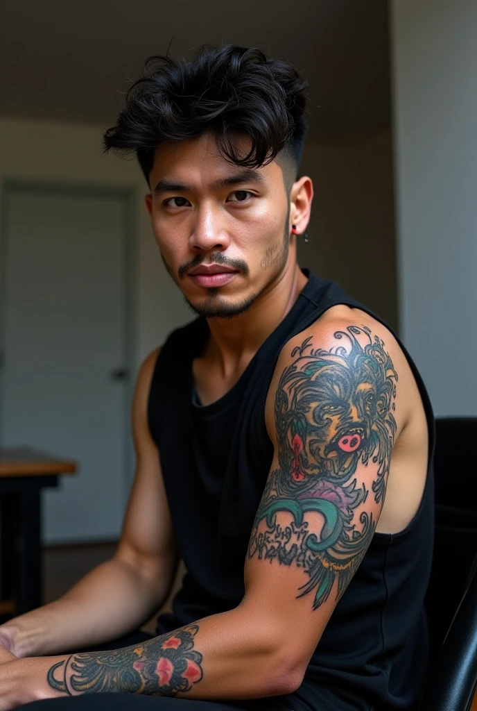 Young AI high quality muscular tanned skin tattoo name ruy on neck piercing gaze pink mouth with bedroom background