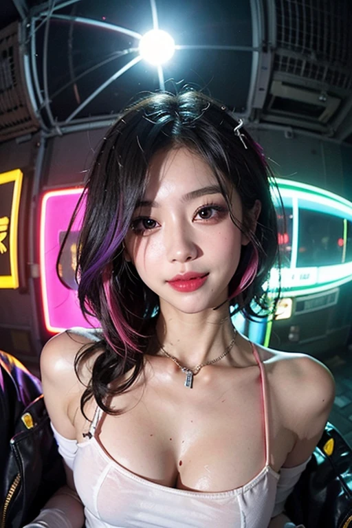 Cinema Lighting、(Key Light:Front 45 degree angle, Subsidy Light、Backlight、Shadow、Blue and orange color palette), Accurate human body、Knowledgeable person、Correct five-finger、RAW Photos、 4K - ultra-vivid、Highest quality, masterpiece, Ultra-high resolution,
(((Oilskin,Glowing Skin、Realistic skin texture、Beautiful skin in every detail、Shiny skin、Shiny skin)))、
Upper Body Shot, Low camera angle, Written boundary depth, Focus on the center, Beautiful Eyes, Perfect face and eyes、
jirai makeup girl、Hotel、Straight long hair with black hair、Shining neon lights、ガールズBar clerk、Bar clerk、Serve alcohol、The interior is equipped with neon lights and UV black lights..、cyber- 、A white T-shirt that glows under black light、Big and ample breasts、Big cleavage、Hot pants in satin fabric、The inside of the store looks like a spaceship.,((multicolored hair colors:1.3)),(Very short bob hair:1.2),(((Completely naked))),(((nsfw)))