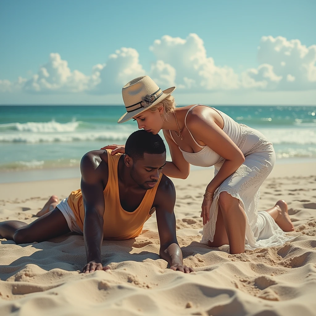 Magnificent detail, 8K Photos, hyper- realism, realistic background, visual depth, wide angle lens, professional light, full body photo. Photo taken from very close up above the face, focusing on the whole body. {A muscular black man in white swim trunks, applying sunscreen to the back of a blonde, naturally fair-skinned woman., dark-toned blue eyes, 23 year old, laying on the beach on her stomach, doing topless with breasts censored by the sand, with her face resting on her arms. Charming thin face, Extremely beautiful, Small forehead, thin chin, small jaw, A light gaze, dolce, thin eyebrow. She is so beautiful and sweet, that becomes sexy. Topless Big Beautiful Breasts. panties garter thong, clearly showing your round, visible butt. Your legs are bent, with perfect feet up high. A black man in white swim trunks is applying sunscreen on the woman's back.. 