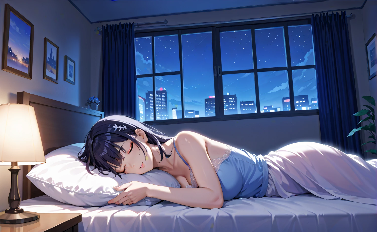 Please incorporate the image of a girl relaxing in her room while listening to music.。I'm looking forward to designs with soft colors and artwork that suit lofi music.。
