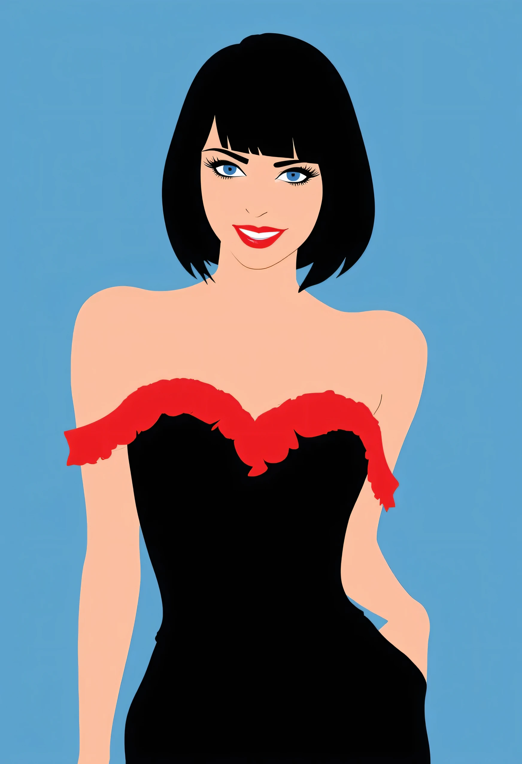 Aesthetically_Pleasant_Pose, 1Woman, Solo, Stencil, close up, A captivating simple Vector art of a black bob hair female wearing a stylish black jumpsuit. The jumpsuit features a red off-the-shoulder ruffle at the top, blue eyes, and a red lip, bare shoulders, blue background. Standing up, it’s a very minimalist simple vector illustration with minimal colors, upper body, looking at viewers, sexy smile, mouth closed