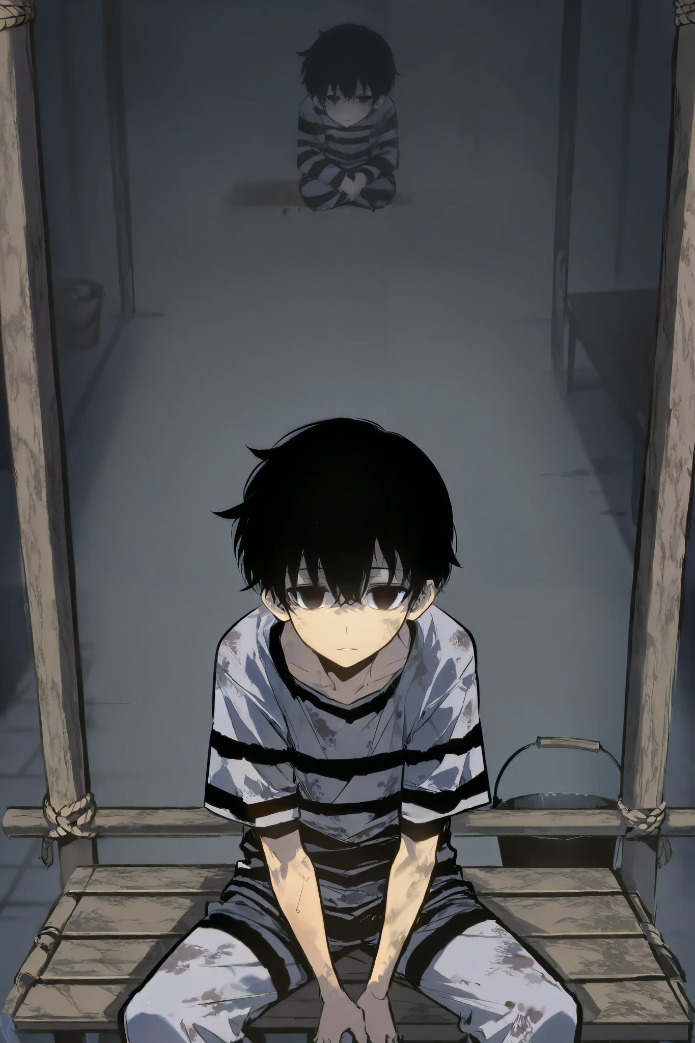 A bruised, sweaty, skinny teenage boy shirtless in manacles, leg irons and satin shorts shorts, wrapped tightly in chains, screams in pain on a torture rack in a prison cell