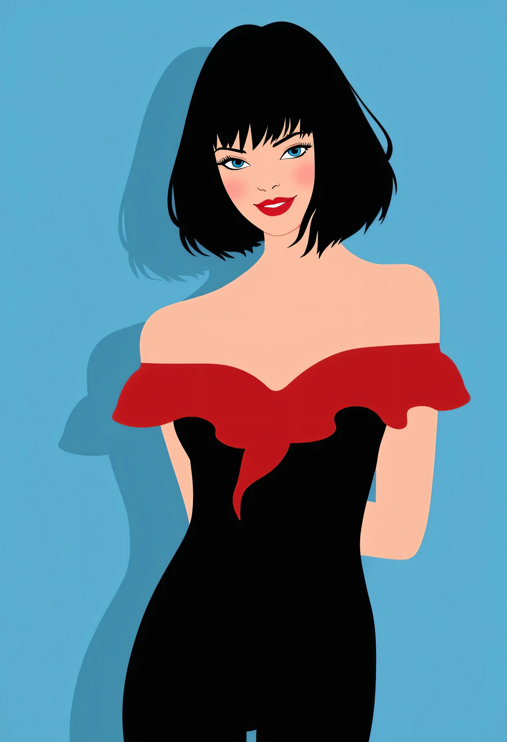 Aesthetically_Pleasant_Pose, 1Woman, Solo, Stencil, close up, A captivating simple Vector art of a black bob hair female wearing a stylish black jumpsuit. The jumpsuit features a red off-the-shoulder ruffle at the top, blue eyes, and a red lip, bare shoulders, blue background. Standing up, it’s a very minimalist simple vector illustration with minimal colors, upper body, looking at viewers, sexy smile, mouth closed