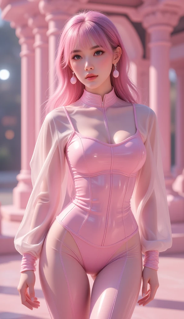 8K Ultra HD、Digital SLR Camera、soft light、high quality、Volumetric Lighting、frank、photo、high resolution、4K、8k、Bokeh，The eyes and face are very detailed，delicate and thin eyebrows, Beautiful big eyes，eyes highlights，Clear eyes, Delicate lips, The smile, Pretty Face，Small round face, Create stunning girl images, warm color, Very high color saturation，The legs look very long from the front，dynamic poses，Normal standing posture，(Looking at the audience:1.1)，black background，Chinese martial arts girl，Golden Ratio, Minimalism，Transparent and visible skin, Transparent clothing，Transparent silk long sleeves， Transparent latex one piece swimsuit，Pink Hair、Gradient Hairstyle，(Cleavage、Exposed breasts、sexy、very detailed breasts, d cup size)，(Red Sheer Knee-High Socks,Garter belt、garter rings、Leg garters)