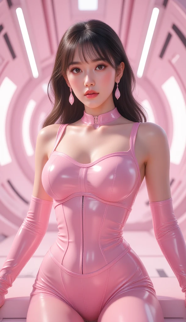 Top quality: 1.4, high resolution, perfect lighting, one woman, big breasts, pink leather clothes, bending over, jersey top, machine gun, headphones,