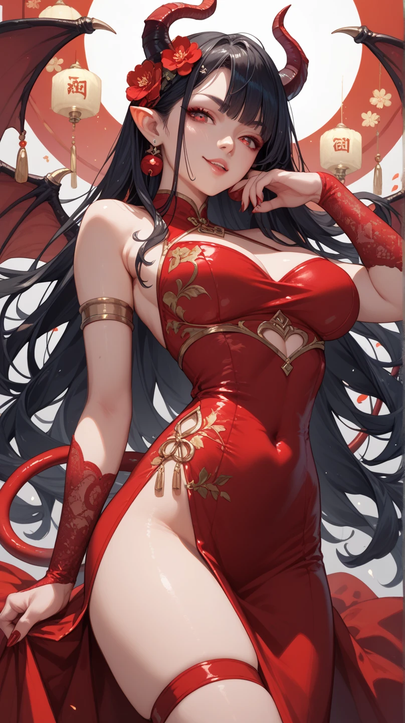 1 girl, solo, (8k, original photo, best quality, master: 1.2), realistically captured, super detailed, wearing a form-fitting red bodysuit with intricate patterns, revealing her perfect figure without undergarments or stockings. In a long shot, she stands before a breathtaking background of a serene lake under the twilight sky. Her lean legs are raised, one pressed against the other, and her arms are about to take off her shoulders, revealing her seductive, large breasts. She strikes a confident pose, her long legs adorned with high heels, her body posture and proportions all correct. A Succubus in her true form.