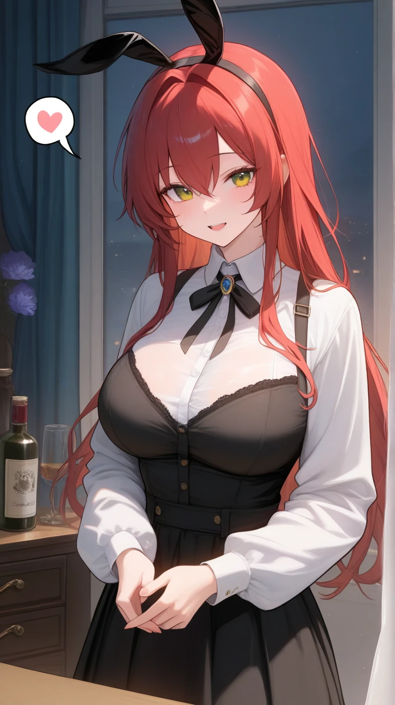 An anime girl with red hair and blue eyes wearing a skirt and an open shirt revealing a black and red lace bra