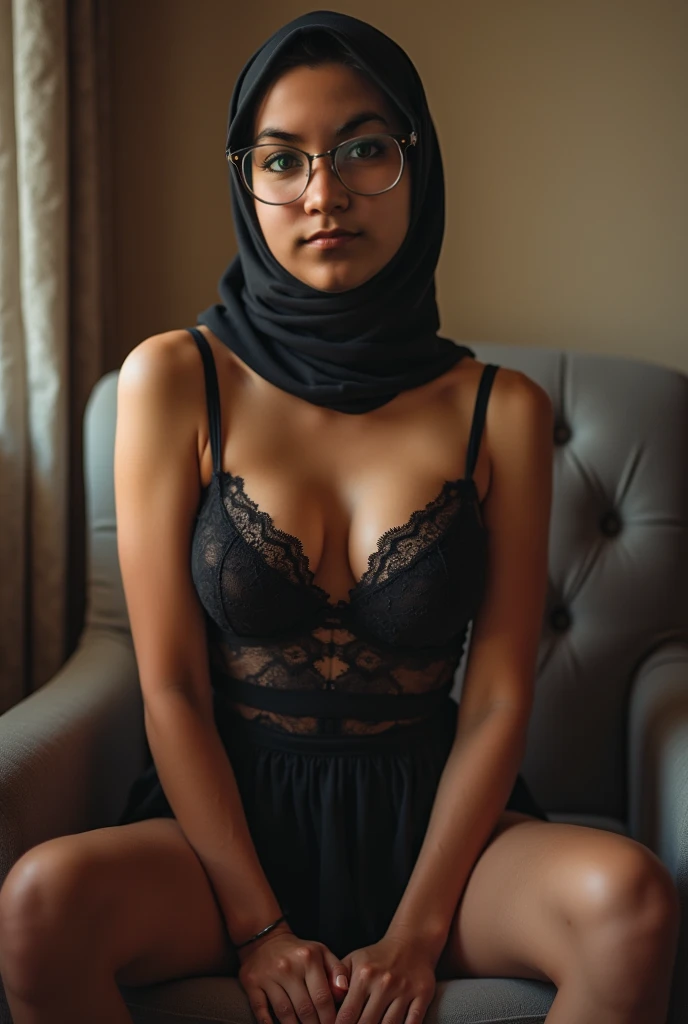 cow-boy_pose,vilain, (Ui:0.8),clivage, ..RAW, Best quality, High resolution, Masterpiece: 1.3, Belles lunettes perle_Skinned sexy Javanese hijabi teen dressed as sexy lingerie_porte jartelle , Masterpiece, Doux sourire