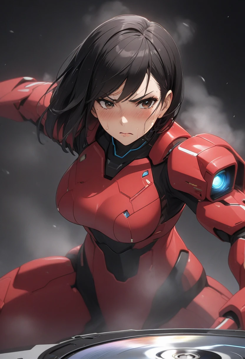 Red cyborg suit、17 years old、beautiful girl、ponytail、Black Hair、fight、blue beam、H Cup、Sparks fly,