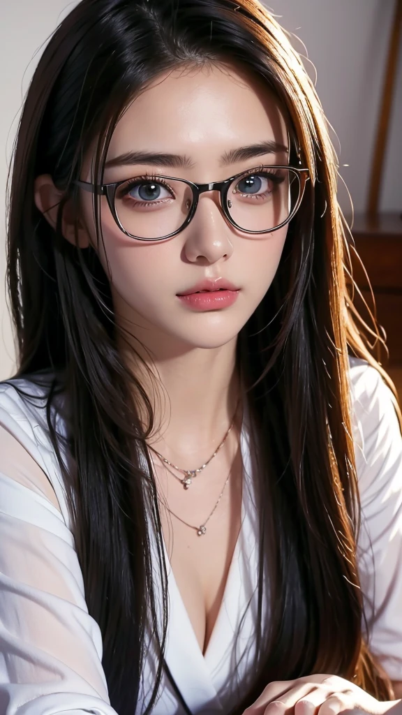 Masterpiece, highest quality, realistic, very detailed. Subtleties High resolution 8k wallpaper beautiful woman. Wearing a dark blue see-through shirt. Great bar restaurant. At night. Light brown messy hair. The perfect dynamic composition of beautiful and beautiful eyes gradually in 25 year old woman has a long light brown hairstyle with slight bangs.,Dress up and have a unique style. ,Light brown eyes and beautiful They are cute and fun playmates.,Wear glasses with a beautiful and modern design.,Beautiful, healthy, white-pink skin.,small mouth