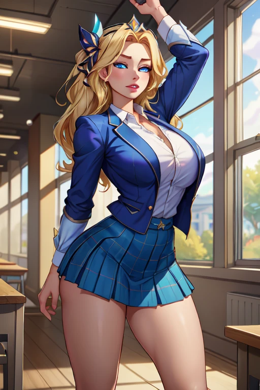 a college student with long curly blonde hair,blue colored eyes,fine lips ,Round face,wearing a dark blue suit and gray pleated skirt in a private school style,huge breasts with cleavage,wide hip,white socks up to the thighs,wearing red tennis shoes,popular girl,university corridor setting