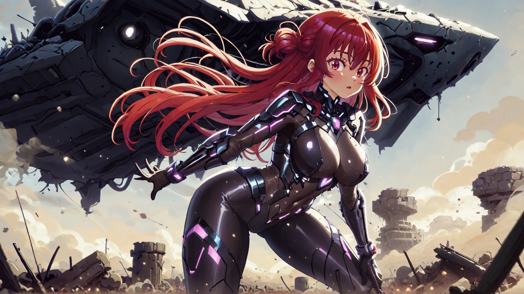 A stunningly beautiful female protagonist with a sleek, cybernetic bodysuit that accentuates her curves, glowing with neon purple streaks. Her long, flowing red hair contrasts against the dark, ruined world around her. She stands with her back to the viewer, gazing upon a devastated post-apocalyptic landscape. The air is thick with toxic smog, making the environment feel unbreathable. In the distance, a colossal crashed spaceship dominates the scenery, its wreckage stretching far and wide, a haunting reminder of the war that ended civilization. The scene is filled with dust, ash, and remnants of destruction, enhancing the serie and desolate atmosphere.
