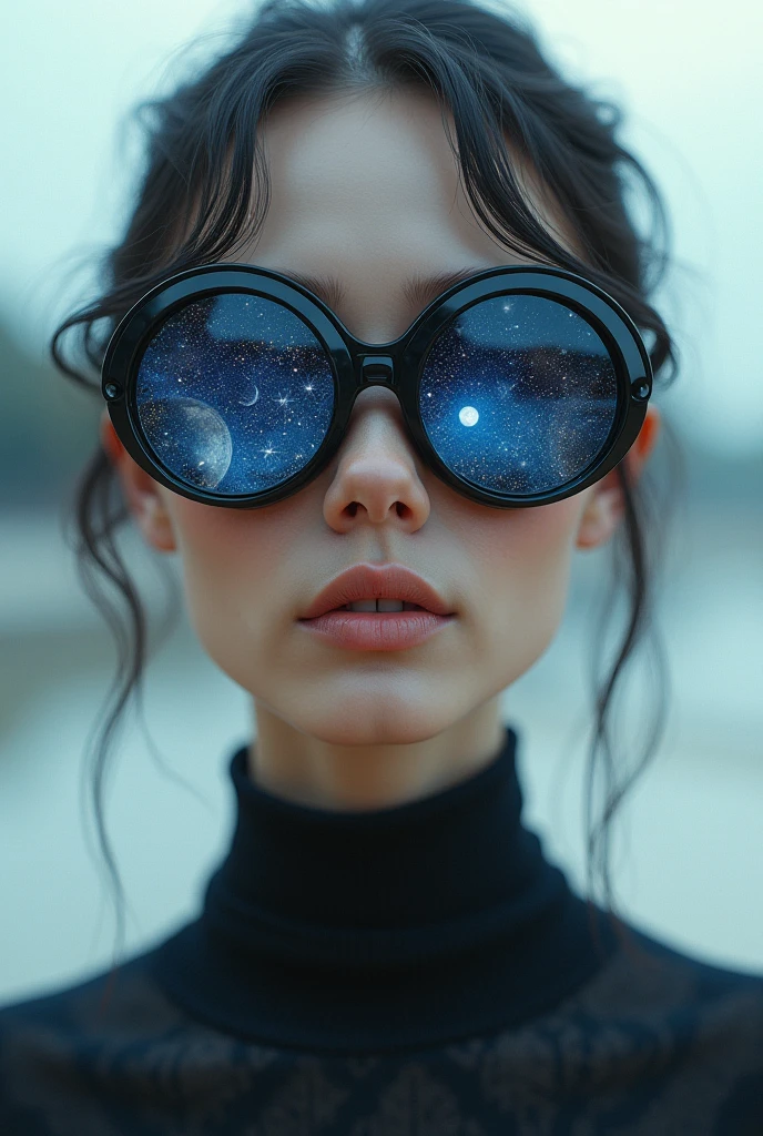 The model is wearing glass sunglasses with stars and the moon on the glass