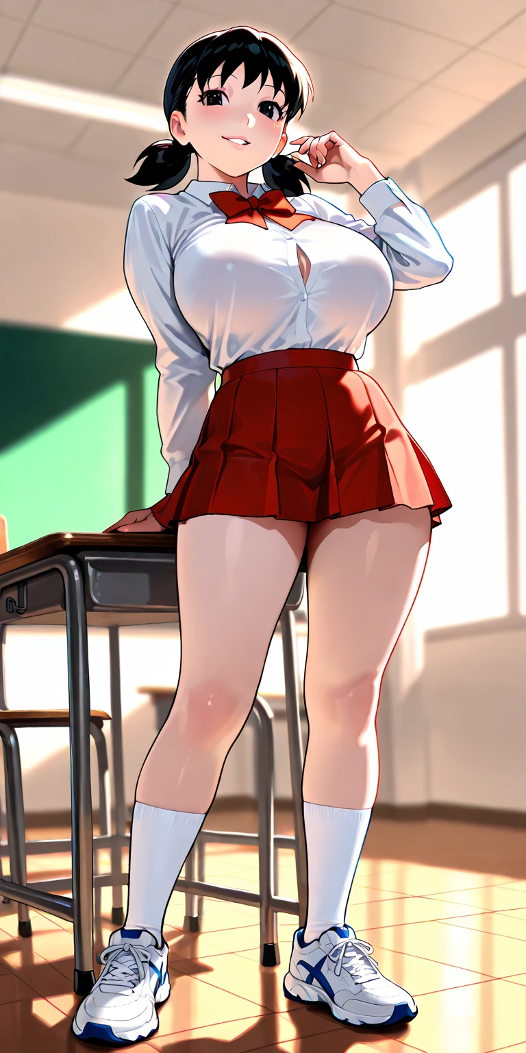 1 Girl,high school girl,RAW Photos,High-cut underwear,Low Angle(Angle where you can see inside the skirt:1.3,pubic hair),smile,wink,cameltoe,from below:1.3,pointybreasts,Highest quality, Ultra-high resolution:1.3, loose socks,Brown Skin(very fine and beautiful skin),blonde, Black gal, Highest quality:1.3,(masterpiece), (Very detailed8K:1.1),Very detailed,Cinema Lighting, Detailed light, Best Shadow, Dynamic Angle,Flashy Panties,Elaborate panties(High leg pants:1.1),Super big breasts:1.6, Plump thighs, mini skirt(Pleated skirt),Indentation:1.1,,In the classroom