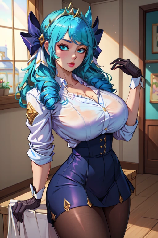 Anime, a glamour shot of a smiling MILF, wavy turquoise hair, busty, big ass, Standing demurely with her legs crossed in a bedroom, long sexy legs, leaning toward the viewer, with Smokey eyes and knowing smile wearing a revealing corset, white lace stockings, insanely detailed face and eyes, intricate, hyper-detailed bedroom, digital illustration, masterpiece, beautiful eyes, atmospheric lighting, centered, perfect anatomy, glowing eyes, candid portrait, clear, very detailed, smooth, sharp focus, focused on the viewer, facing the viewer
