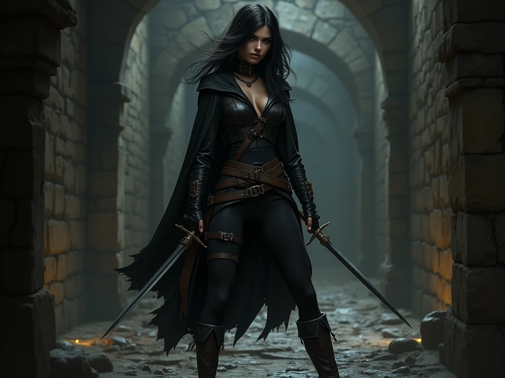 witcher 3, Yennefer of Vengerberg, ((black hair)), (two swords behind his back), cape, (huge breasts, cleavage), ((full body)), stunning, in the center, look at viewer, complex background, insane details, intricate details, hyperdetailed, illustration, ArtStation, painting by Atey Ghailan