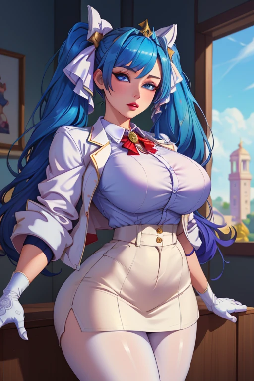 1girl, solo, (masterpiece, best quality:1.4),((best quality)), ((highly detailed)), masterpiece, absurdres, (detailed eyes, deep eyes), from beside, upper body, Ursula Callitis, blue hair, red eyes, white pupils, glasses, smiling, breasts, bunny, rabbit ears, dark blue leotard, detached collar, aqua bow, fishnet pantyhose, wrist cuffs, white gloves,