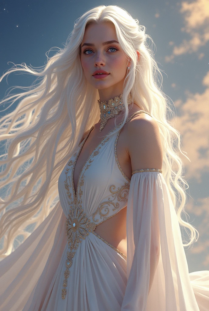 (tmasterpiece), (topquality), (more detailed), (8K), (电影灯光), (Sharp focus), (Precise Anatomy), (photo realism:1.5), (Fantasy art), Epic Movie Poster, Beautiful woman and white wolf, beautiful girl raised by a white wolf, next to the wolf, The wolf approaches the viewer with a kind muzzle, Meeting face to face, A girl with a beautiful face, NSFW, NSFW, dressless, naked ass, Detailed face, Happy Look, perfectly proportional breasts, big breastes, skinny waist, bellybutton, large tities, thights, blond hair, blonde woman, hairlong, the girl is girded with a silver thread, Wolves have a large body, ferocious, (Correct anatomy), (A sense of speed:0.8), (Background Blend:0.8), (Windy storms:1.1), dramatic lighting, thick fog, Fog of the Abyss, universe, Orion Nebula, star universe, Very bright morning sunlight,