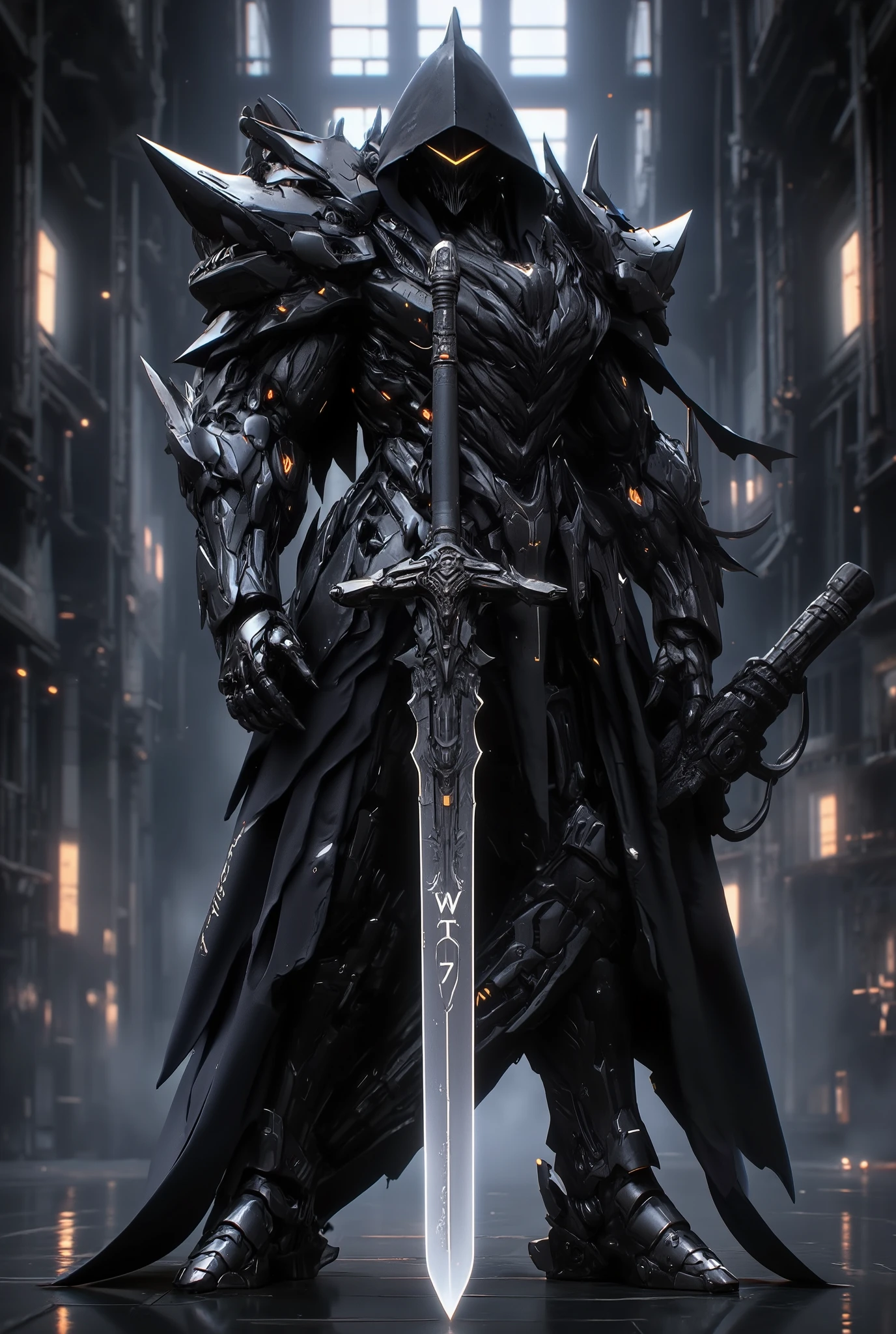 The death reaper,in awesome, futuristic battle armor, WT7 engraved on glowing magnificent sword ,highly detailed, cinematic shot, reflection, sci-fi environment The best cell phone wallpaper, Award-Winning Wallpaper, portrait photography,