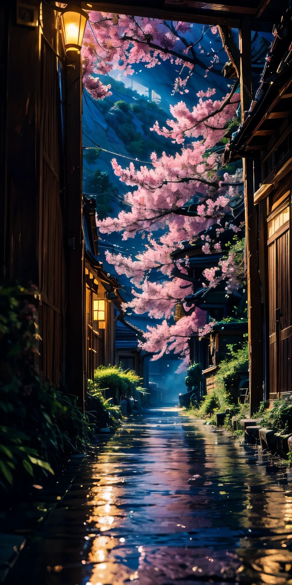beautiful cherry blossom tree branch shot from inside of house, illustrations view, mind soothing view, Surrealism, high detail, Romanticism, reflection light, ray tracing, depth of field, motion lines, 8k, super detail,