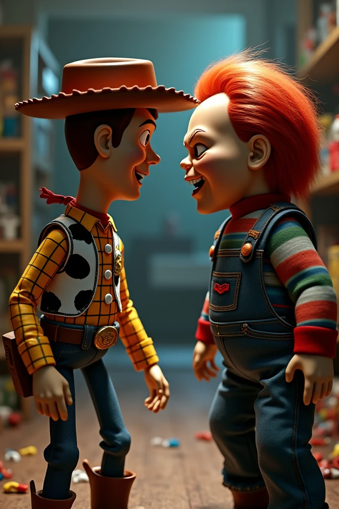 Pinocchio breaks Chucky's arm.
