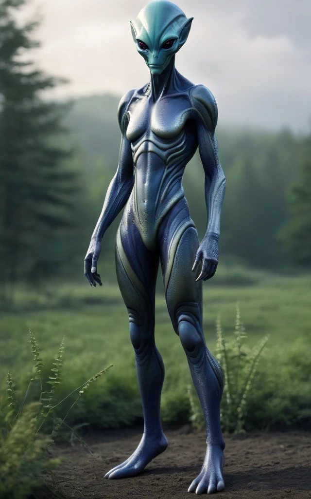 (Realistic:1.5) full body shot, sharp teeth upper body straight-on straight-on blurry background straight-on glowing eye lips portrait <lora:EdobAlienSpecies_v1.0:0.8>