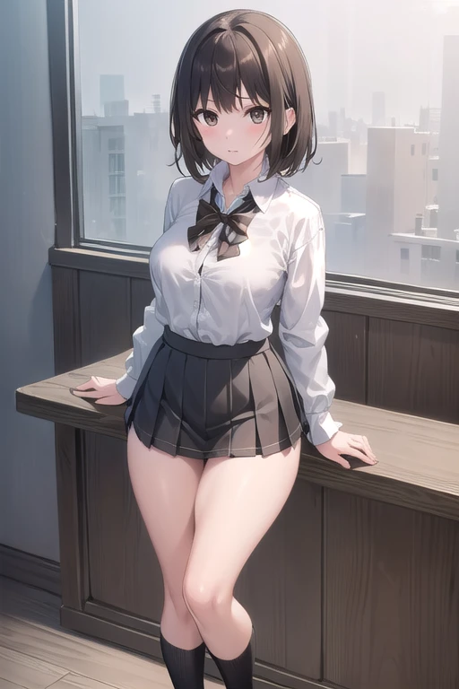 A chubby high school girl standing in only her black underwear and underwear, wearing a short skirt with her legs spread apart