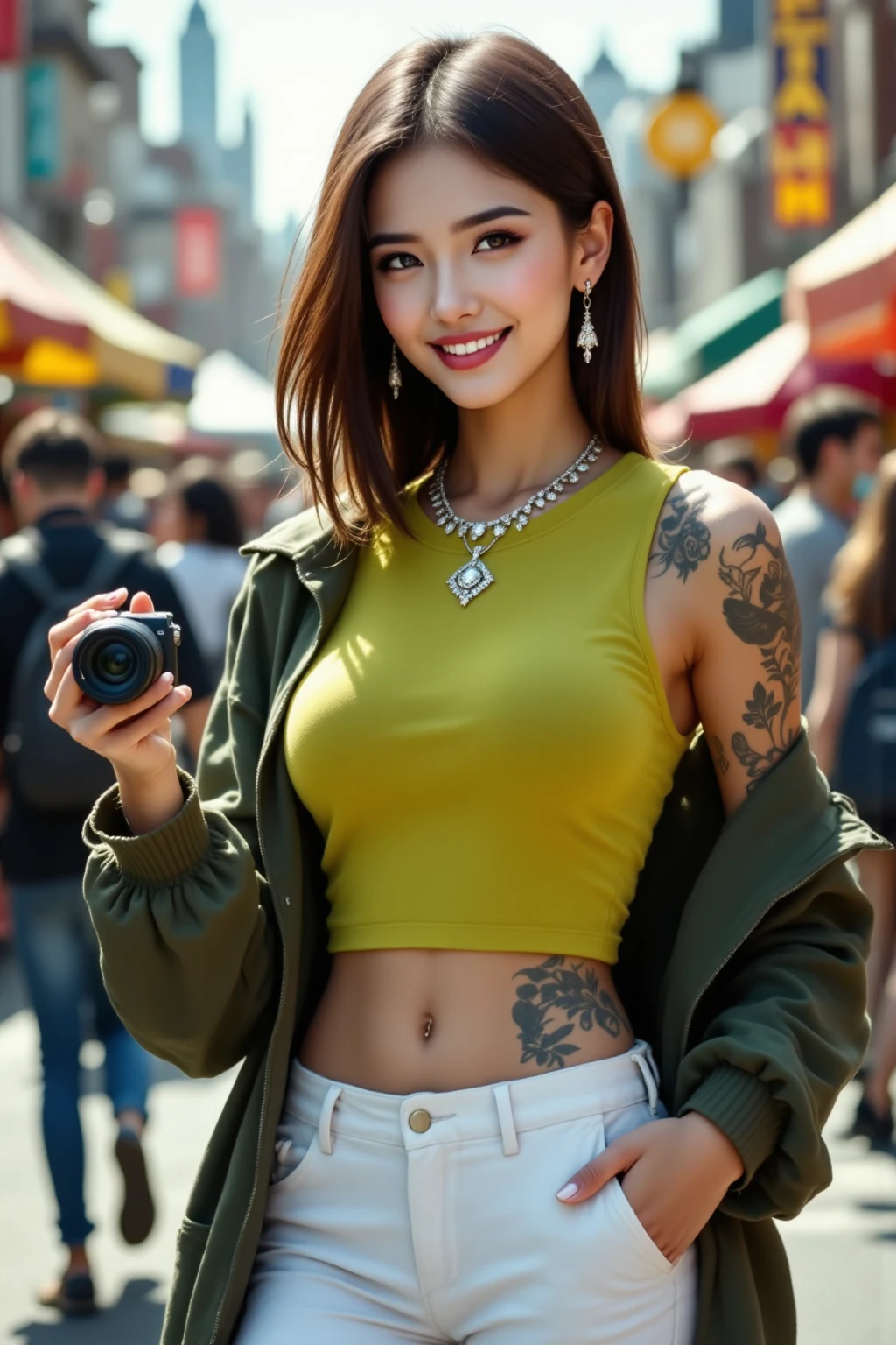 Android 18 from Dragon Ball,Colorful gradient short hair half covering the face,Exquisite facial features,Perfect face shape,Anime style face,Smile,Printed vest,Fashion长裙,Fashion,Large Breasts:1.4,City background,Full body tattoo,Beautiful tattoos:1.4 , masterpiece, best quality, Extremely detailed,Black high ponytail: 1.5, Long legs, Smooth legs without any wrinkles。 dress, Slim waist, Thin waist: 1.7,Ultra-realistic 8k CG, masterpiece, ((Ultra detailed background, Exquisite pattern, Intricate details)), (Very detailed, Fine details), best quality, The goddess of one-stroke