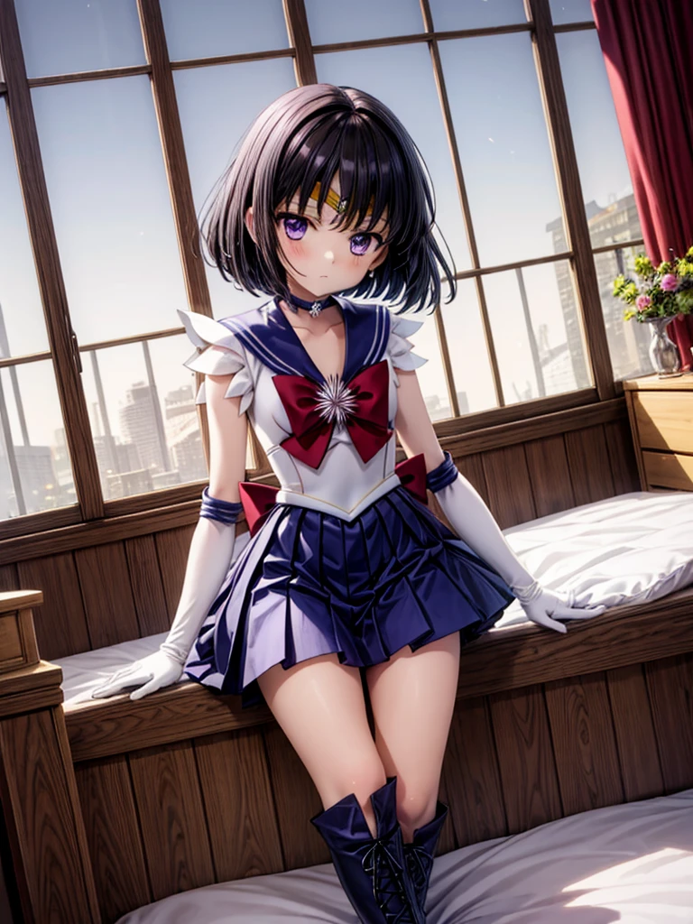 (ultra realistic,32k, masterpiece:1.2),(high detailed skin:1.1),( high quality:1.1),
<lora:sailormoon_sailorsaturn:0.8>sailor saturn,confused,purple hair, tiara, sailor senshi uniform, purple sailor collar, pleated skirt, elbow gloves, jewelry, brooch, choker,thighhighs,garter straps, high heels, blank background blurry background,, huge breast,large breast,(looking at viewer, sitting, from below:1.1), <lora:add_detail:0.97>,
(dynamic lighting:1.1),