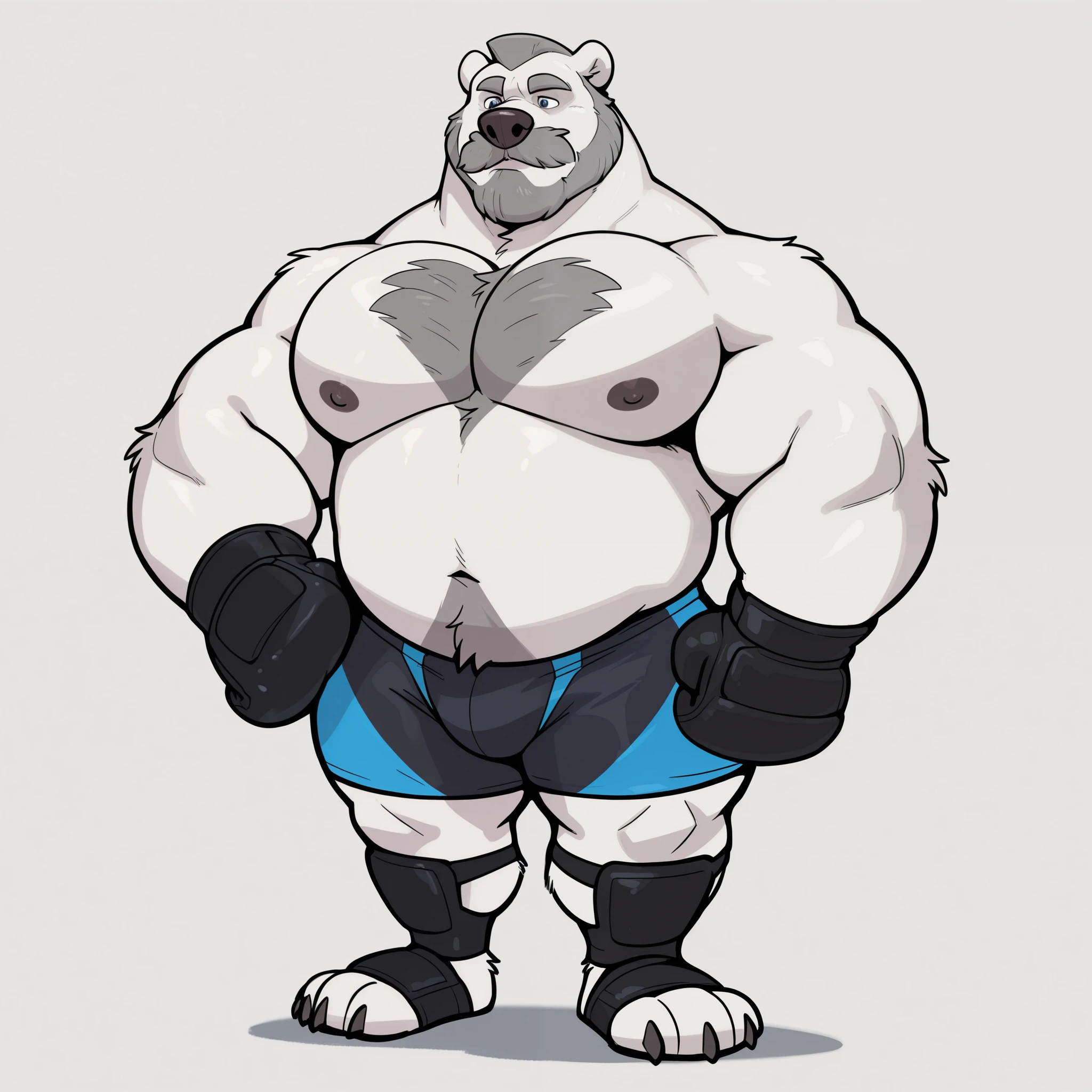 huge muscular polar bear at ZPD's gym, big strength, polar bear, huge white fur, thick arm, huge arm, added thick gray mustache, added thick gray beard. Buzz cut, (thick muscular, pectoral, wide pectoral, thick arms), Height: 6'10", Weight: 358lbs, gray eyebrows added, detailed eyes, (wearing black MMA shorts with blue colored slits, MMA gloves, ankle support brace), full body. Disney animated Zootopia art style