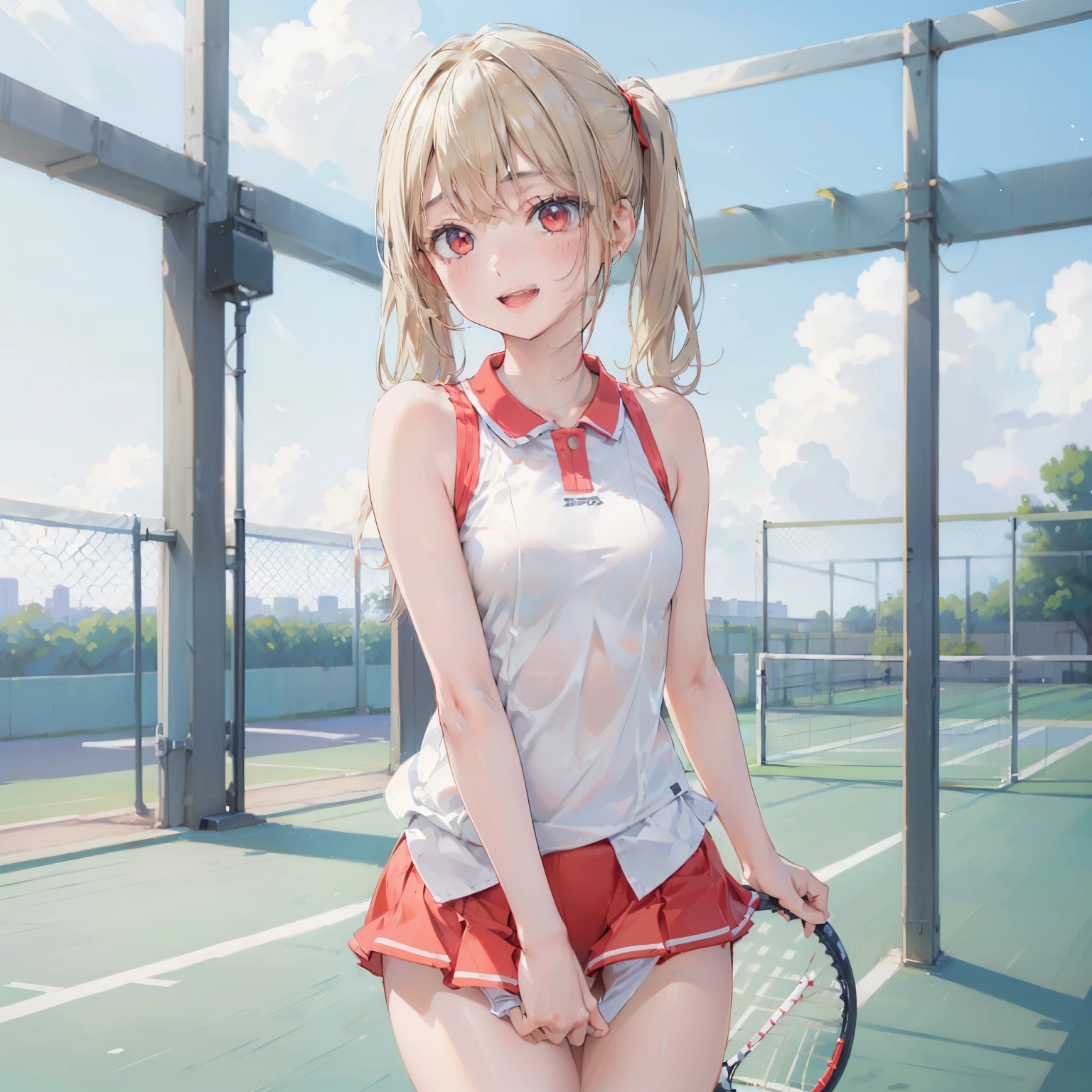 in a tennis court, smile, blond Twin ponytails, outdoor,((tennis wear)), small breasts ,open mouth, K resolution,((Best Quality)),Ultra-high resolution, (Expressionless), (red eyes), A beautiful, symmetrical face,Realistic:1.4,Realistic:1.4,(masterpiece:1.2),Perfect Eyes,Captivating Hips, whole body , perfect thighs