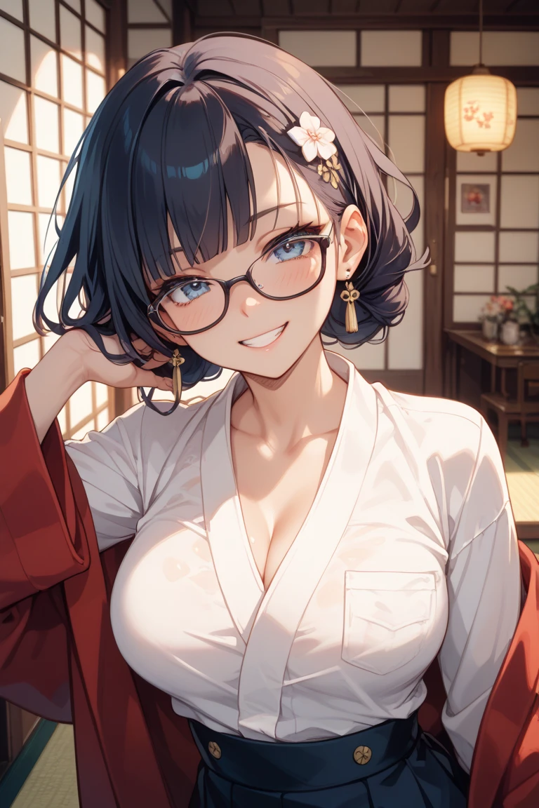 NSFW、1 woman、brown hair(short)、brown eyes、black round glasses、 best quality、Super detailed、8K resolution、Raw photo、muste piece、seductive 、gorgeous face、perfect body、kimono、smile