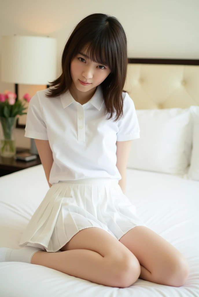 Full body photo of cute and lovely first grade elementary school girl pretty face sitting on bed