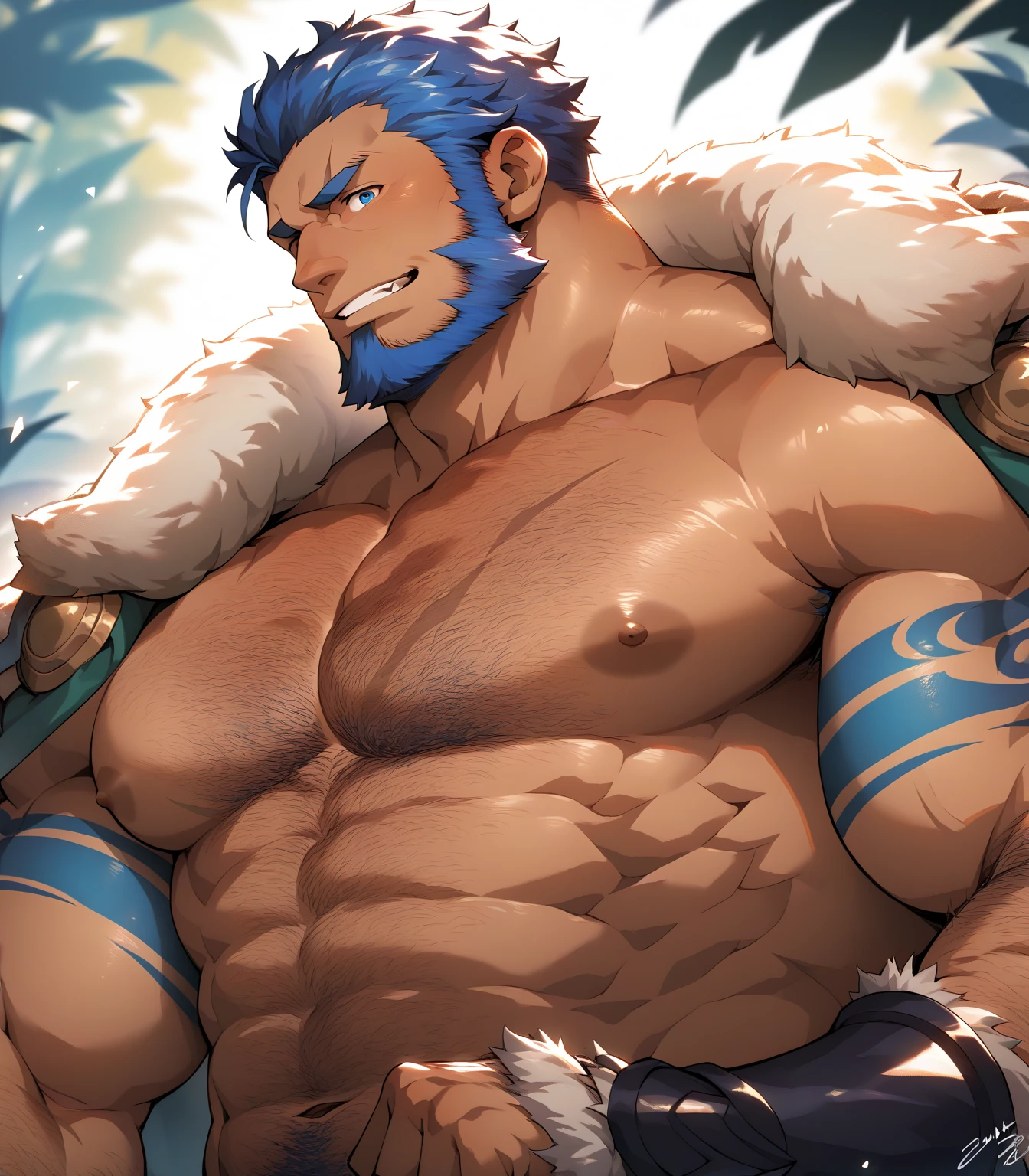 (morning), 1volibear, 独奏, 看着观众, winter, smile,肌肉男，beard,middle-aged，white fundoshi,close-up,lying in,stud earrings,nipple ring,sweat,drooling,blush sticker，wet