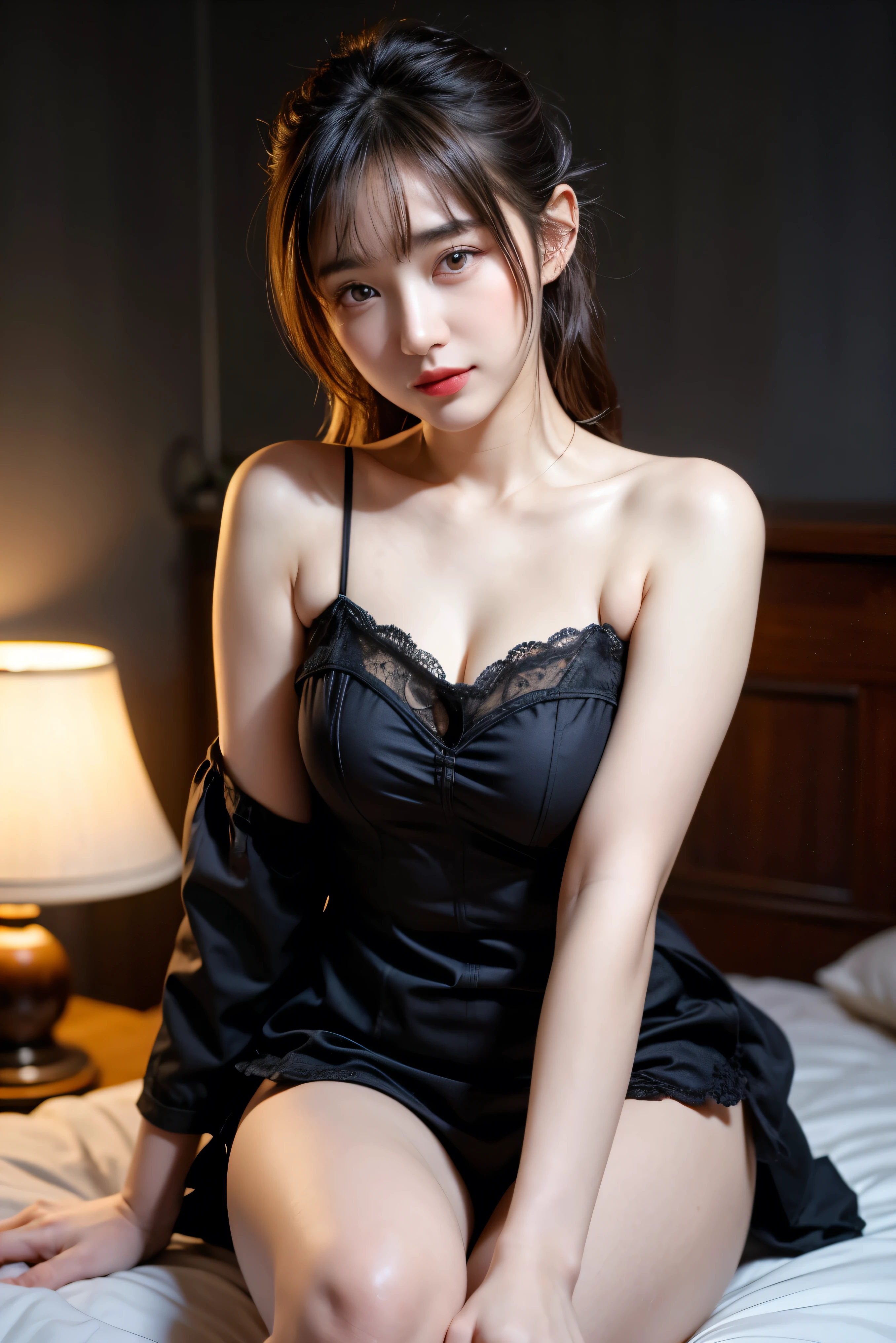 close-up upper body,Sexy charm,8K分辨率,high-quality photo,tmasterpiece,Chu Chu poor girl,Sexy top,Pure,Night City,City light and shadow,ssmile,Tilt your head slightly,plumw,Environmental background,looking toward the viewer,Charming,Pure,Large areas of skin are exposed,Black silk lace,Sexy figure,inside in room,sobu,softlighting,is shy ,Plump breasts,Delicate skin texture,Clear vest line,Black lace-trimmed one-piece nightdress,get down on the bed,leaning-forward,seductiv,ssmile,Shyness blush,Ambiguous atmosphere,Plump buttocks,Looming panties