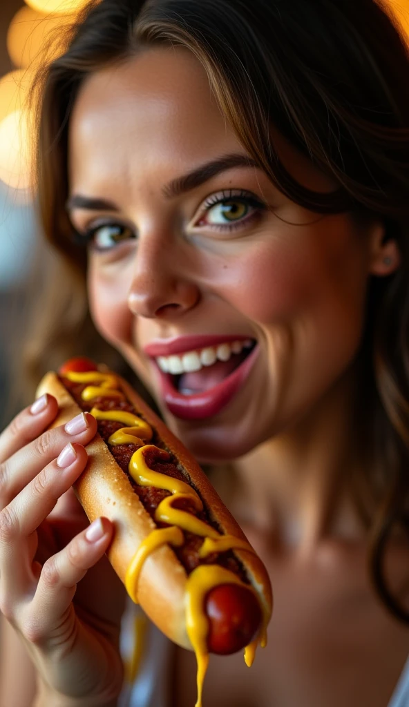Heaps of food in both hands,muscular woman Eating penis shaped sausage battle contest,in kitchen stadium,