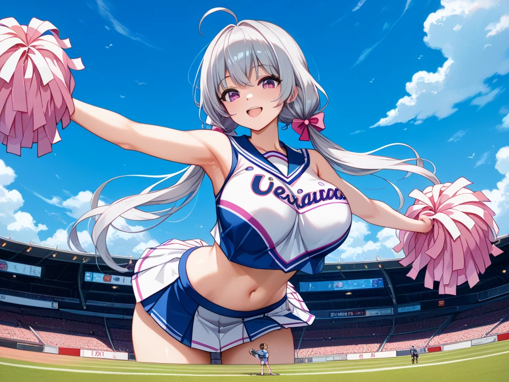highest quality、High resolution、Detailed Background、(Beautiful face in every detail:1.4)、Anatomically correct、cute age girl、Twin tails、Bobcut、ponytail、(Huge breasts:1.2)、Perfect body line、Big Ass、Vast Sky、
(A Cheerleader jumping into the sky with a smile:1.5)、
Jumping and flying in the sky、Cheerleader、I support you、(Pom-pom:1.2)、
The sailor collar, a distinctive feature of the sailor uniform, is also used in cheerleader uniforms.、Cheerleaders' sailor uniform skirts are generally short, like .、Sailor suit tops often have ribbons attached、
White floral embroidered panties、White floral embroidered bra、Emphasize underboob、Underboob is visible、Angle from below、 smile、Healthful、Healthy thighs、Healthy Beauty、With legs apart、Panty Shot、cute