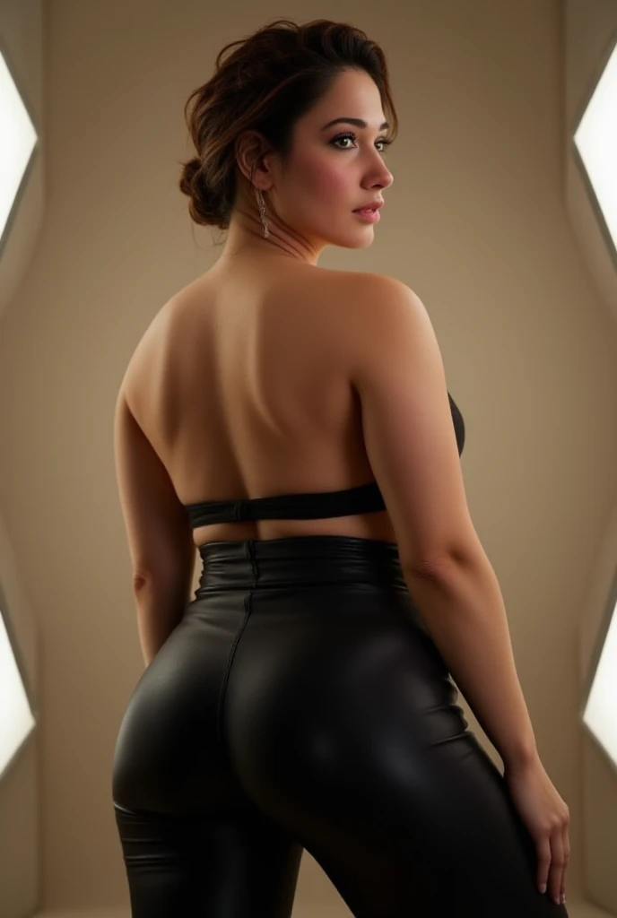 1 woman, White skin, green eyes, flat stomach, Prostitute in black latex dress, huge breasts, huge buttocks, Photo studio, Black background
