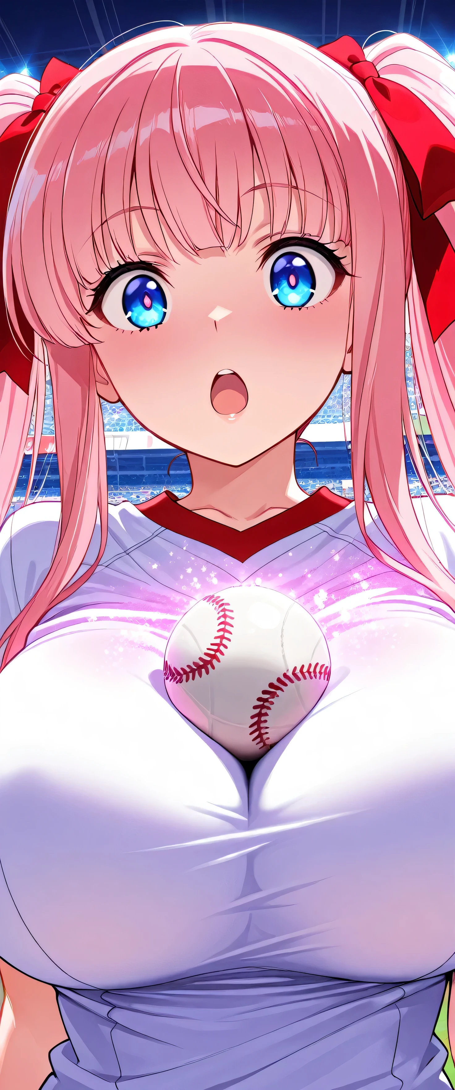 (beautiful girl: 1.3),masterpiece,Please redeem,Ultra-high resolution,Rich contrast,Very high quality,8k,Highly detailed CG unit wallpaper,Texture,So ridiculous,RAW Photos,Please redeem anime,Depth of written boundary 1.2,ultra-detailed eyes,Glowing Skin,Glitter Effect,Beautiful glossy lips,nodoka_haramura, 1girl, pink hair, twintails, long hair, blue eyes, ribbon on twintails, huge breasts,Baseball Stadium,(((Surprised))),(Put a ball between your breasts:1.3),0__11Xx_illu,(ボールがキラキラ輝く)