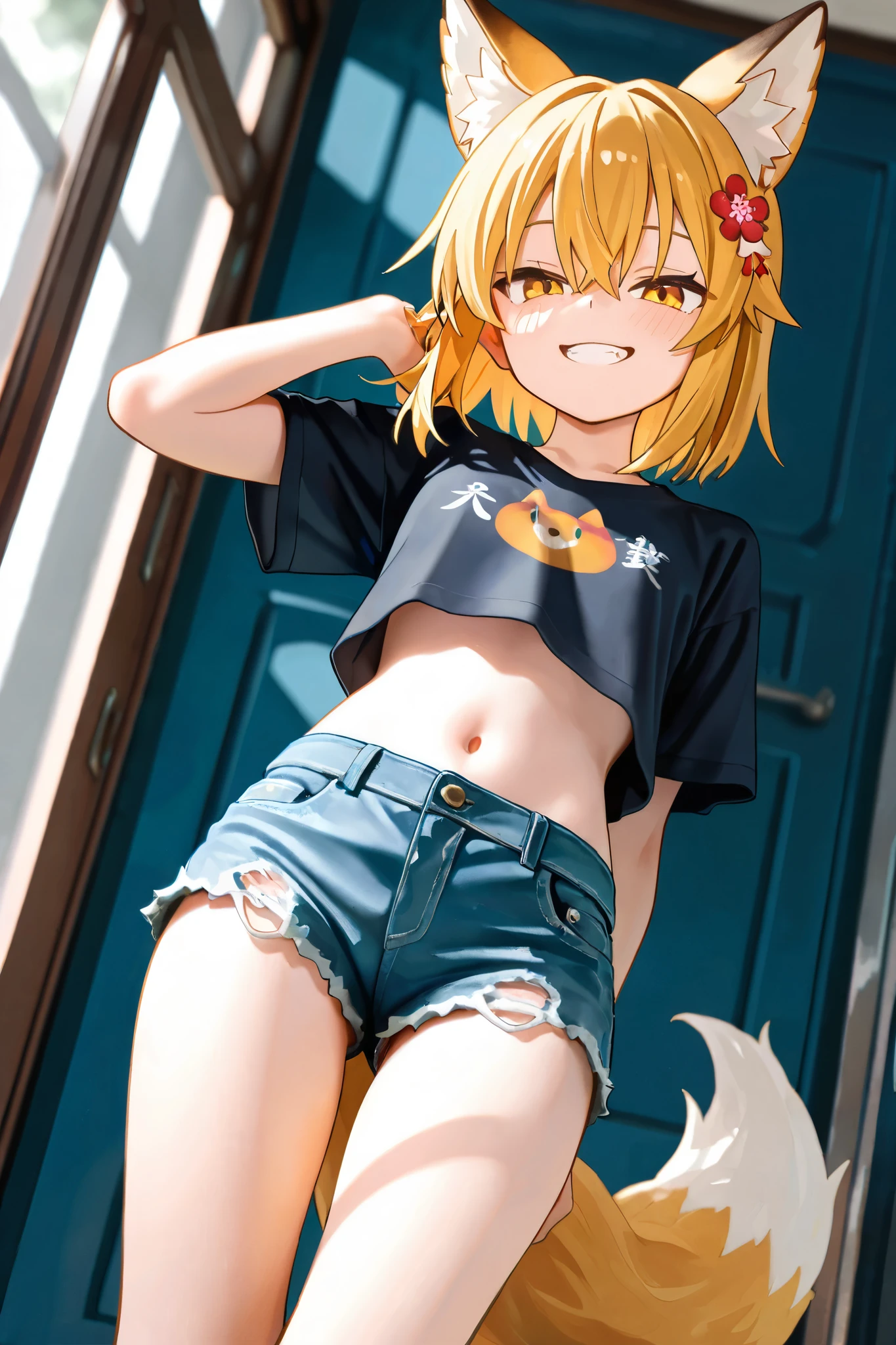 NSFW,masterpiece,best quality,high resolution,very detailed,Fairy Fox\(世話やきキツネのFairy Foxさん\),short hair,bungs、golden hair、hair ornament、 Beast Ears、hair between eyes、yellow eyes、flower、髪のflower、 Beast Earsの綿毛、fox ears、赤いflower、Fox Girl, crop top shirt ,denim shorts,Around town,evil smile