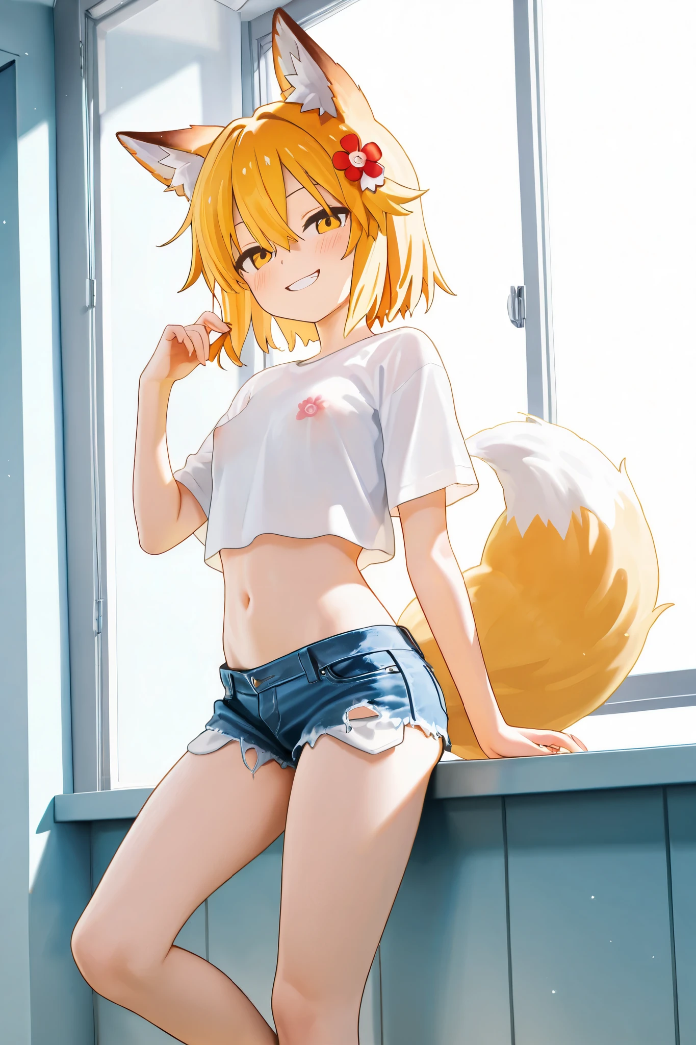NSFW,masterpiece,best quality,high resolution,very detailed,Fairy Fox\(世話やきキツネのFairy Foxさん\),short hair,bungs、golden hair、hair ornament、 Beast Ears、hair between eyes、yellow eyes、flower、髪のflower、 Beast Earsの綿毛、fox ears、赤いflower、Fox Girl, crop top shirt ,denim shorts,Around town,evil smile