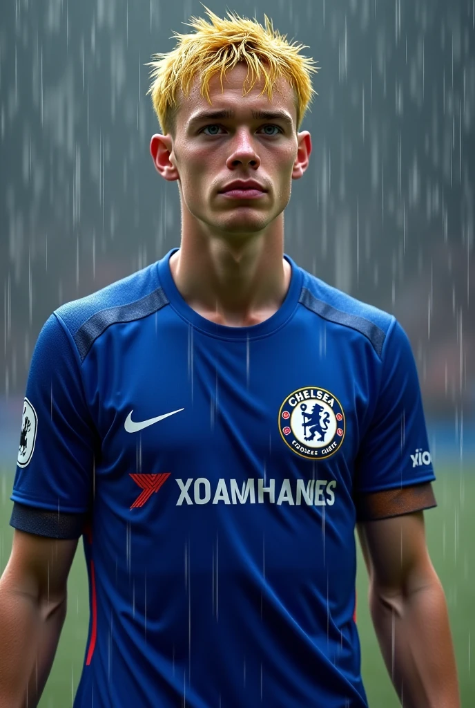 Male athlete , your golden blond hair is wet because of the rain, without a beard, Chelsea soccer player outfit, stopped
