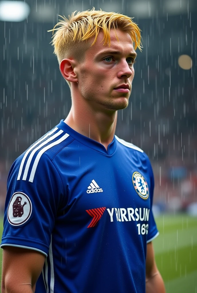 21 year old blond young football player wearing chelsea jersey