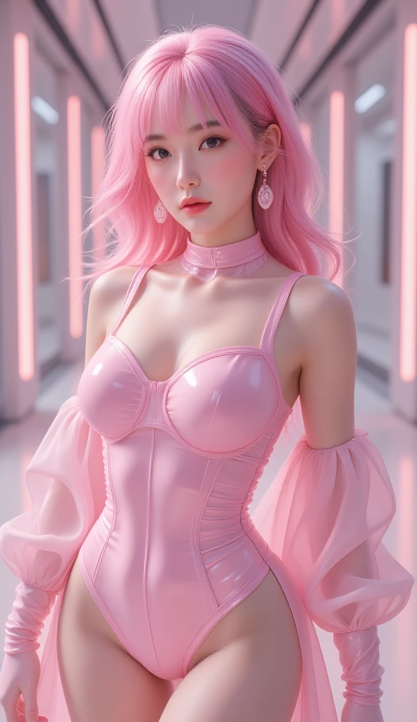 (8K, top-quality, masterpiece:1.2), (realistic, Photorealistic:1.37), Super Detail, One girl, (Highly detailed), (beautifully detailed eyes), (of the highest quality), (super detailed), (masterpiece), (Detailed face), 20yr old, 1 girl, (pink hair, long hair), medium breasts, clothed, Perfect Lighting, BREAK (pink long hair:1.6), (gentle smile:1.4), (relaxed pose:1.3), (knee-up:1.2), (soft natural light:1.7), (plain pastel pink background:1.5), (water droplets:1.8), BREAK, (modern, sophisticated style:1.2), (pink to white gradient:1.3), (silky smooth texture:1.4), (slim-fit glossy bodysuit:1.5), (delicate lace detail:1.3), (simple strap heels:1.2), (minimal silver pendant:1.2)