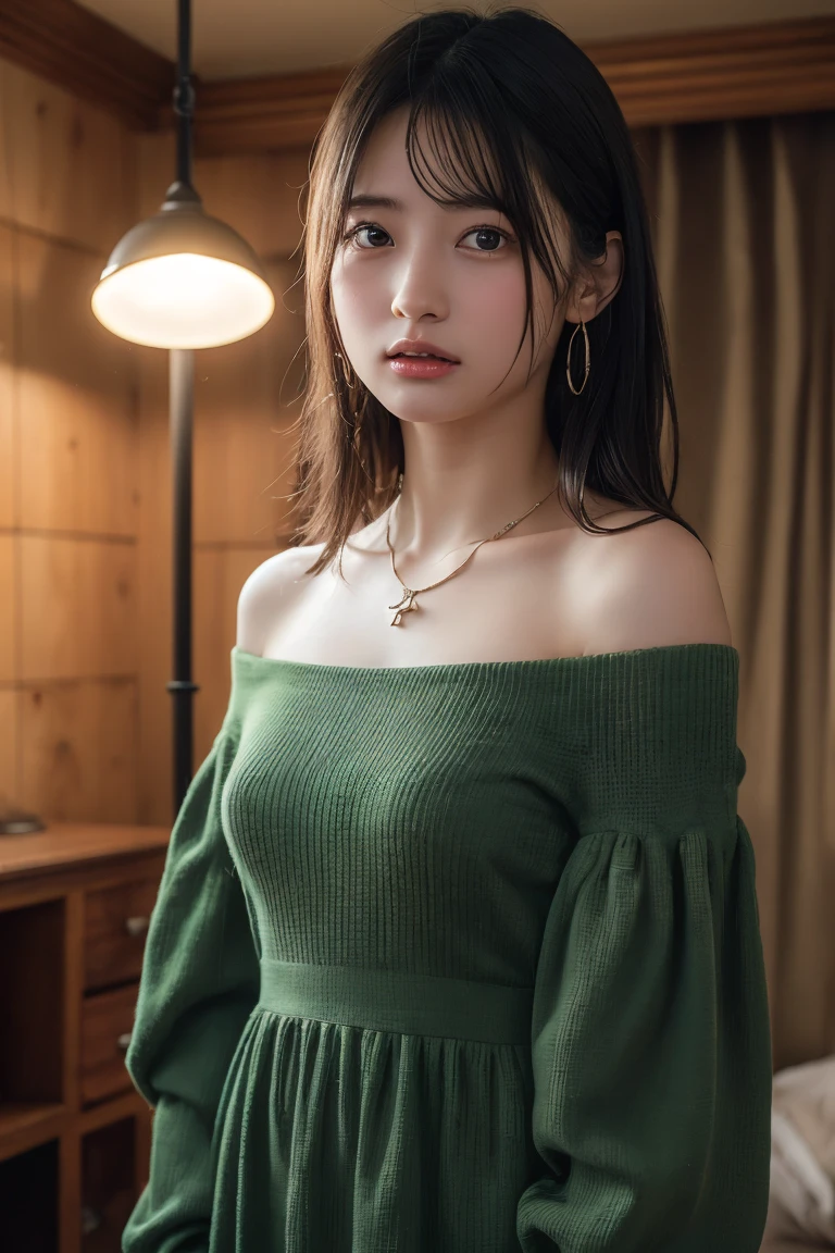 Best Quality, Masterpiece, Ultra High Resolution, (Realisticity: 1.4), Original Photo, 1girl, green Off-the-Shoulder, Cinematic Lighting,light smile,