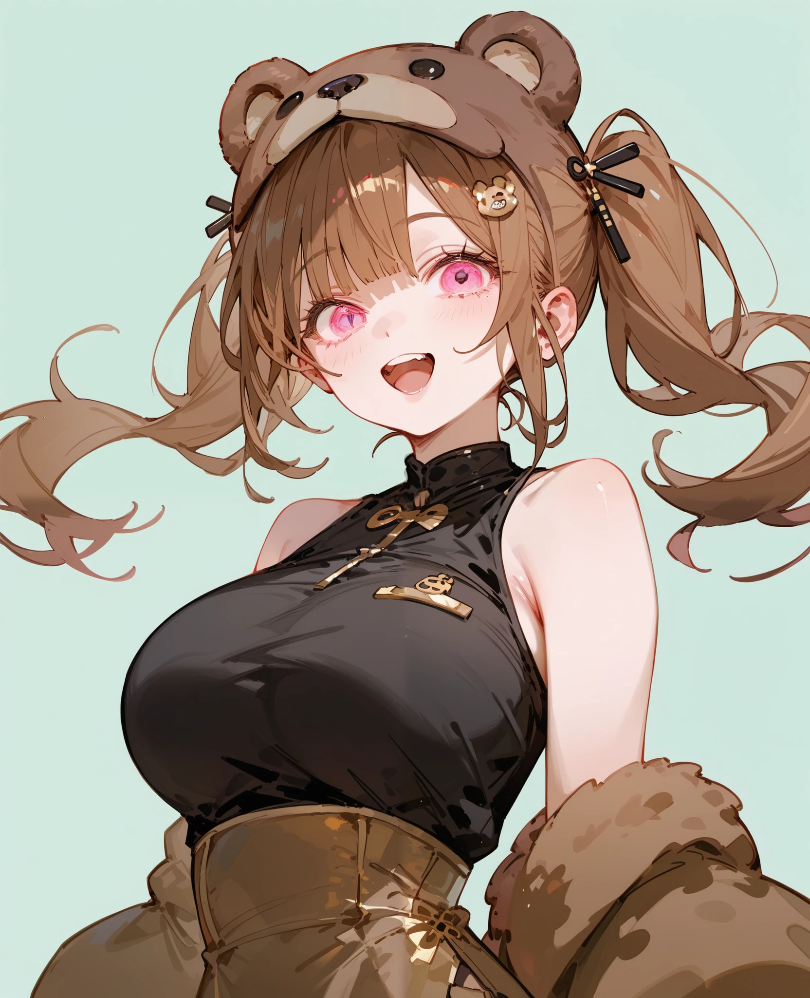 girl,Brown Hair,In pink eyes ,double ponytail,black sleeveless shirt,big breasts,Slim Gold Hairpin,headgear,Sharp eyes,light green background,bear costume, small waist ,smile,Open your mouth