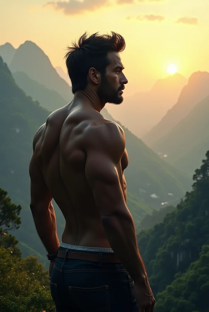 Ultra high-definition masterpiece, photorealistic: 1.5, a breathtaking portrait of Kenshiro from Hokuto no Ken, wearing casual ripped long blue jeans, posing majestically at the valley of a towering mountain top. The landscape behind him is awe-inspiring, with lush greenery, cascading waterfalls, and a panoramic view of the vast, blue horizon. The details are meticulously captured, from the wrinkles on his muscular biceps to the subtle folds in his jeans, creating an ultra-realistic depiction of the iconic anime character. The soft natural light illuminates his chiseled