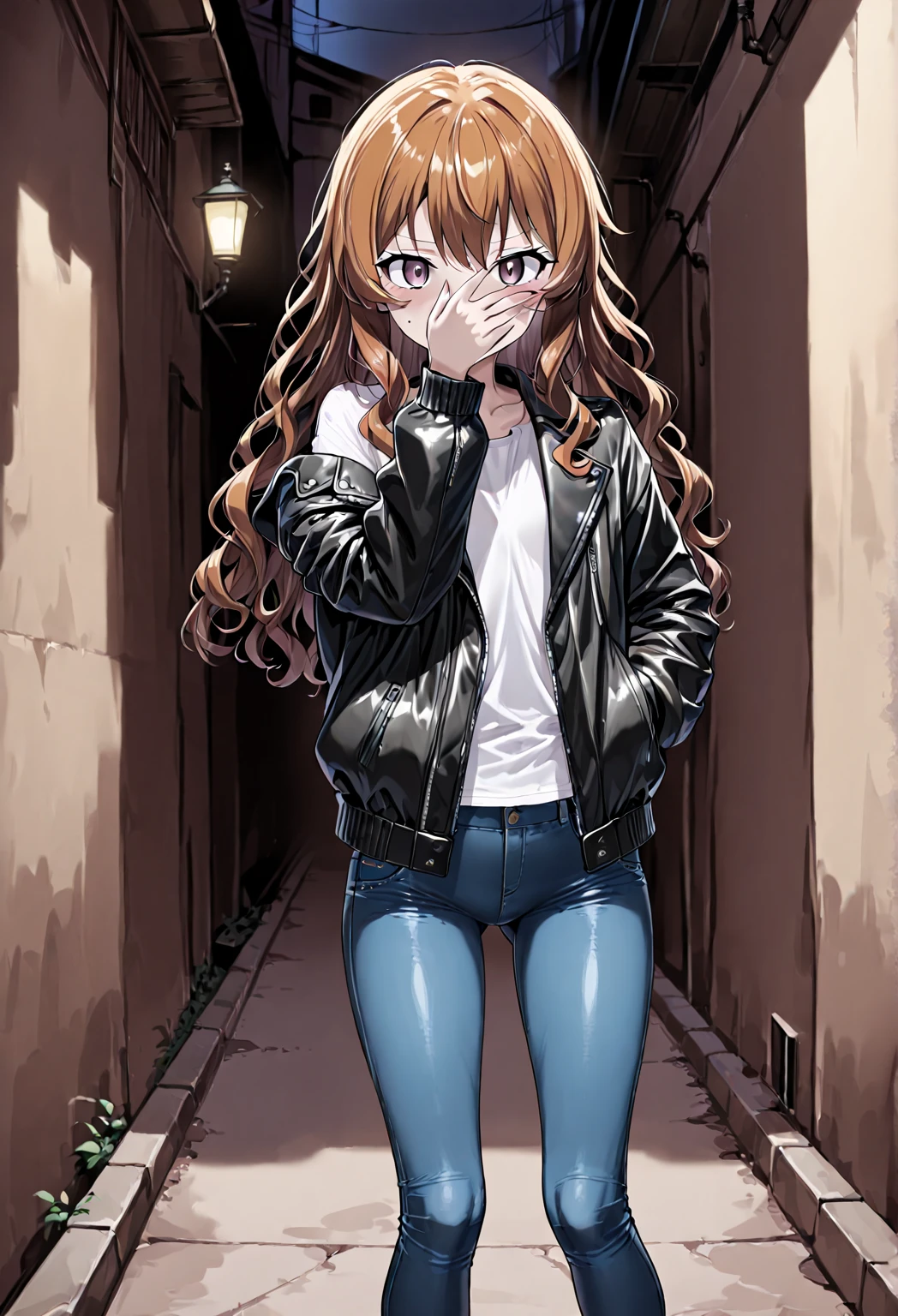 nsfw, masterpiece, best quality, high resolution, (3girls), 20 years old, (blue jeans pants), full body, blush, worried, city park, ((((((pee stain))))))