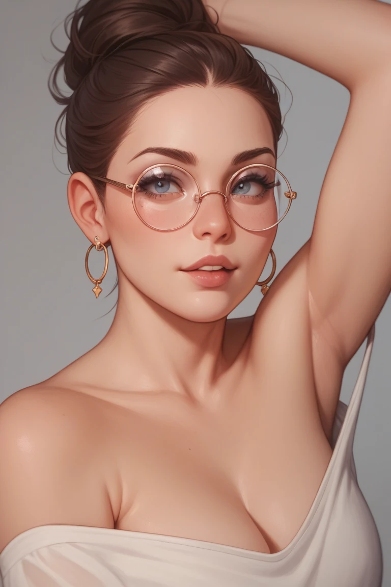 A girl with glasses, brown hairs and wearing traditional outfit, armless dress, tattoo is on sholder, red bikini, comic drawing, digital art,